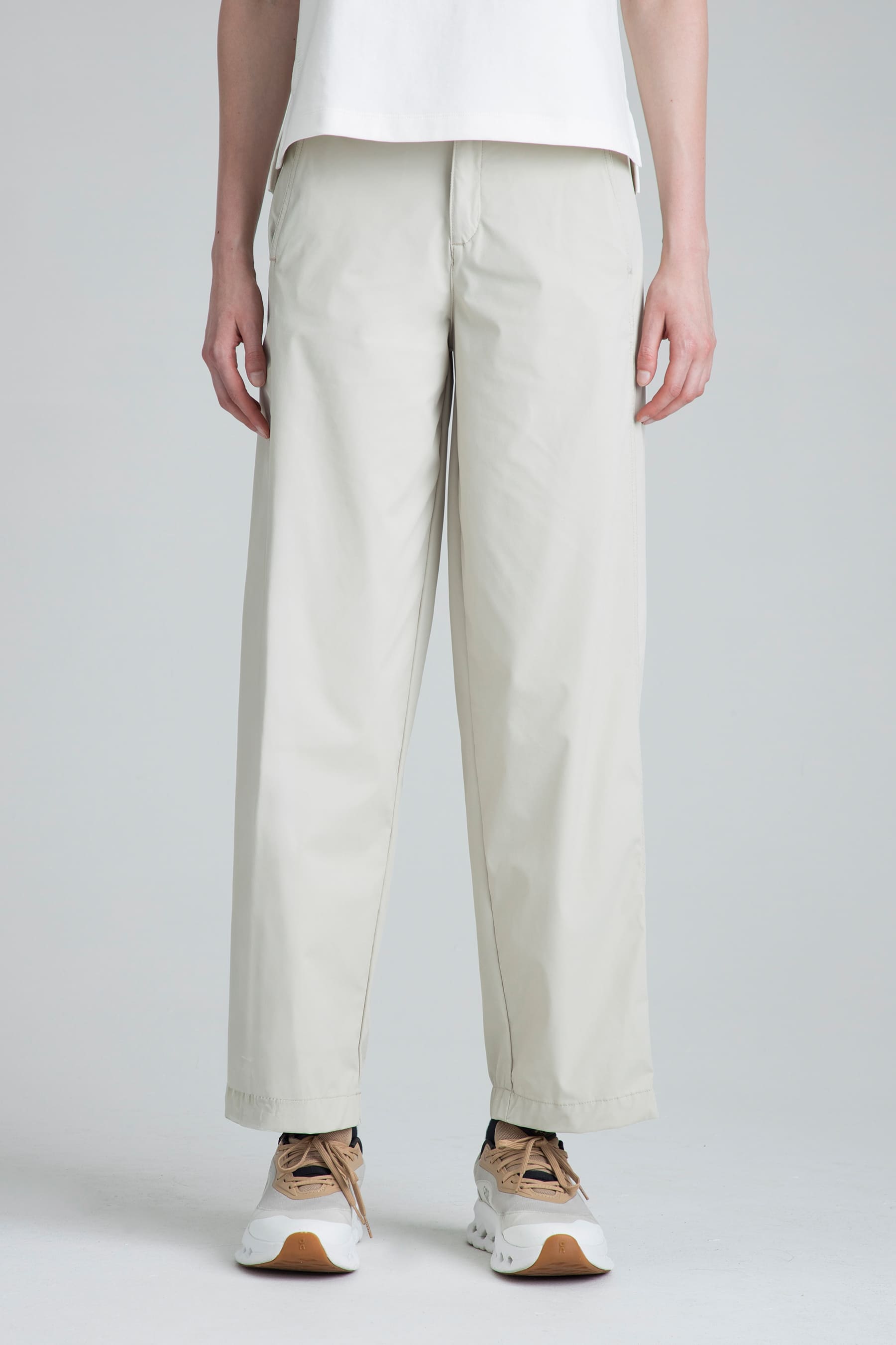 Women's sand straight-leg pants Mist front detail on model