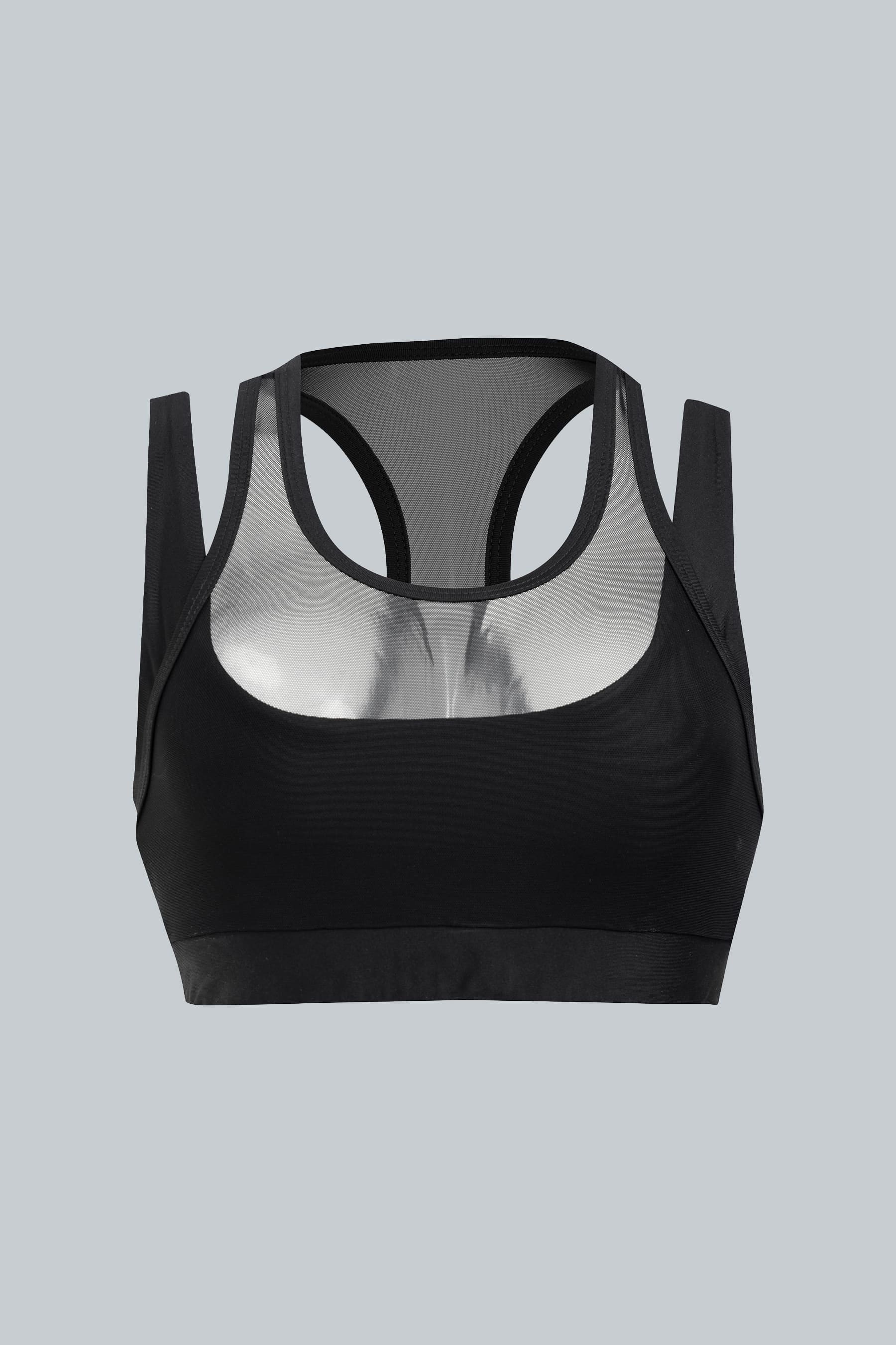 Women's black sports top Apex front view with dual mesh