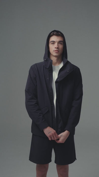 Video showing fit and details of Men's sand jacket with hood Holmium 